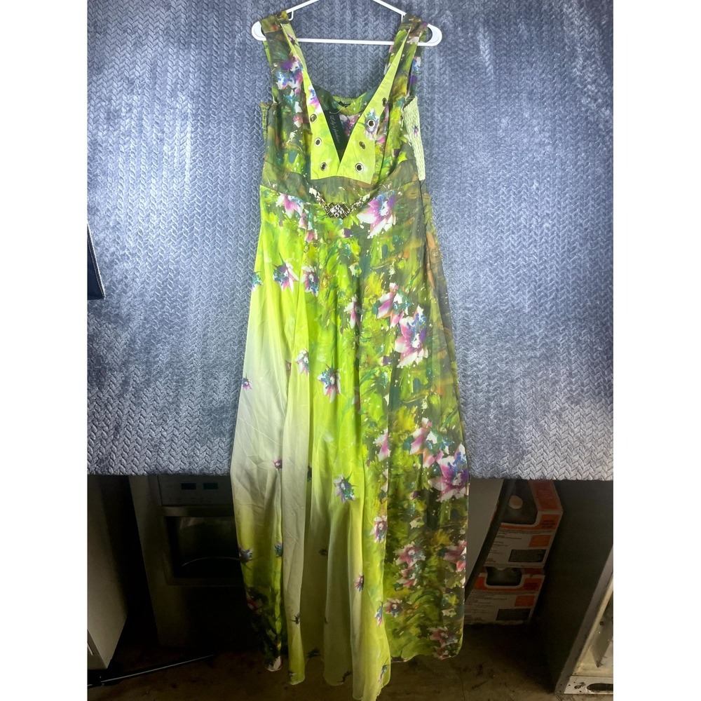 Lily's Fashion Maxi Dress Women XL Green Floral Metallic Waist Belt Smocked Back